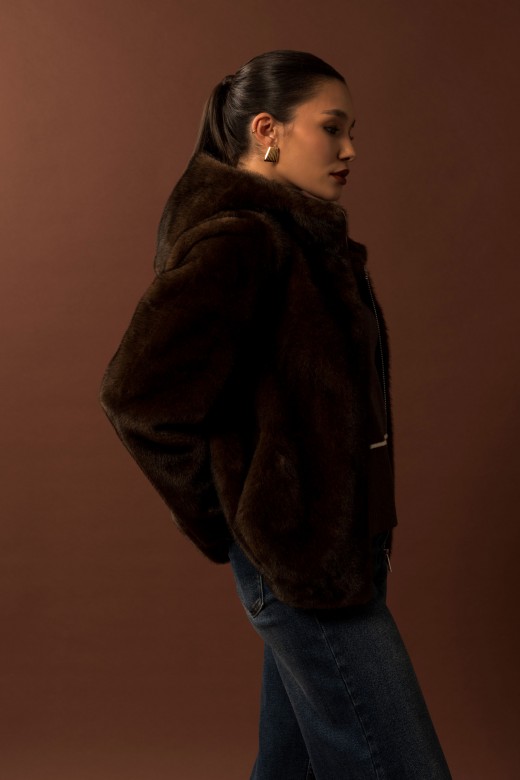 Short faux fur coat with hood Short faux fur coat with hood