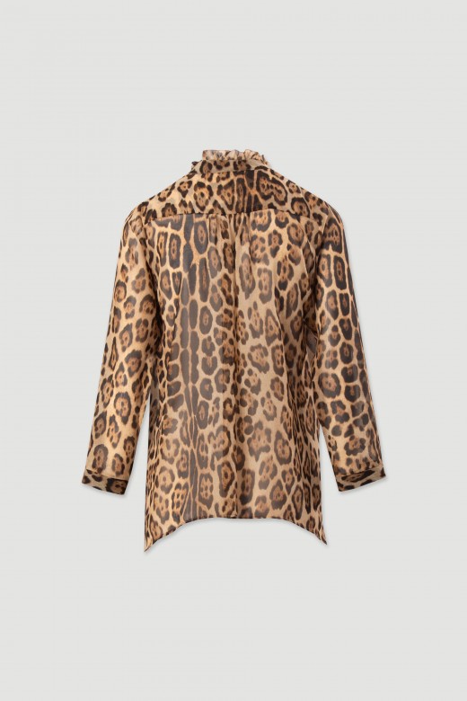 Túnica fluida estampada animal print com folhos Túnica fluida estampada animal print com folhos