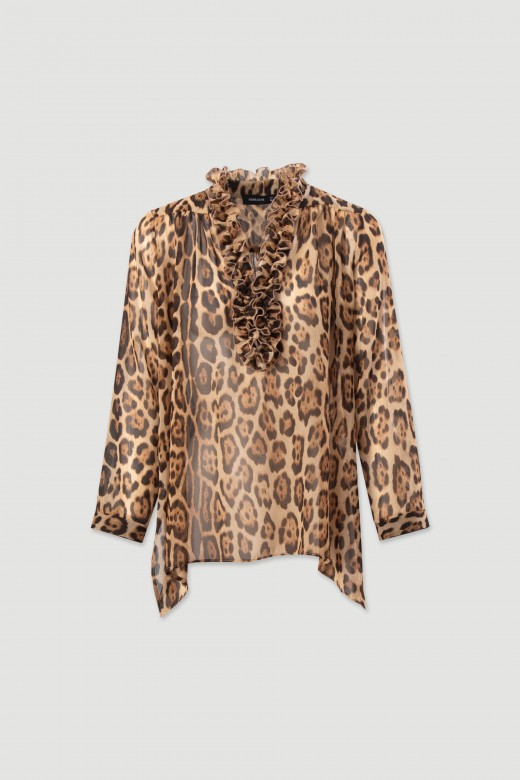 Túnica fluida estampada animal print com folhos Túnica fluida estampada animal print com folhos