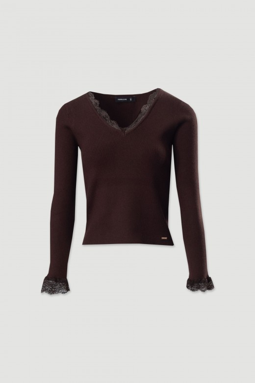 Camisola canelada com detalhe em renda Camisola canelada com detalhe em renda