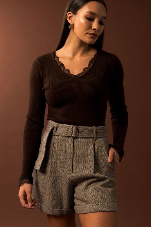 Camisola canelada com detalhe em renda Camisola canelada com detalhe em renda