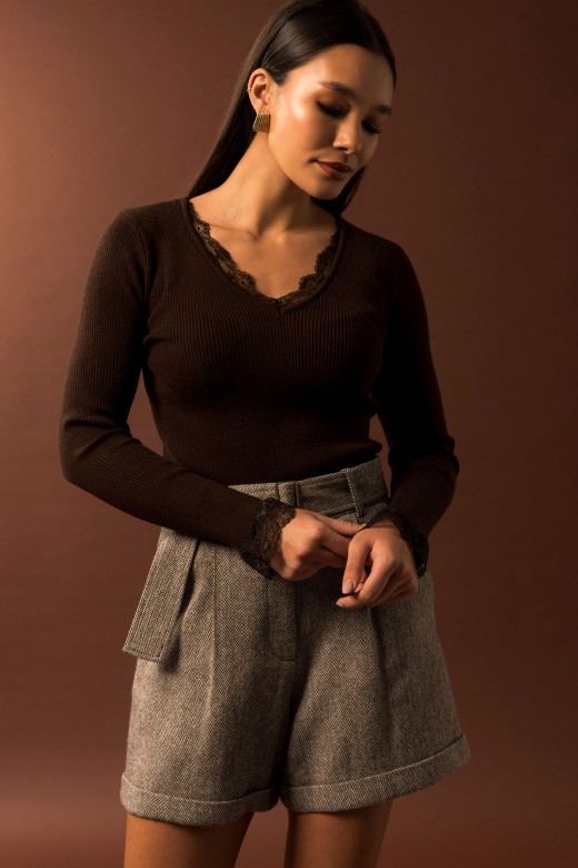 Camisola canelada com detalhe em renda Camisola canelada com detalhe em renda