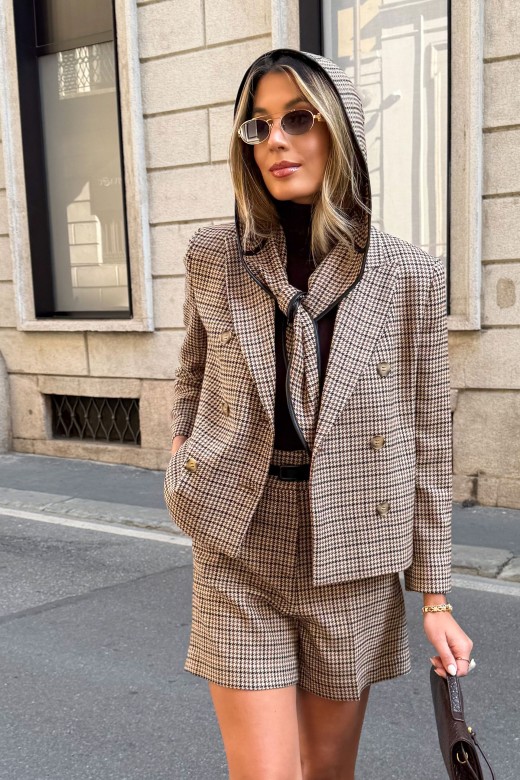 Leno com capuz em padro pied-de-poule