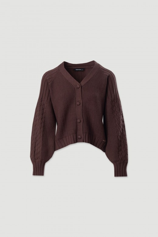 Knit cardigan with textured sleeves