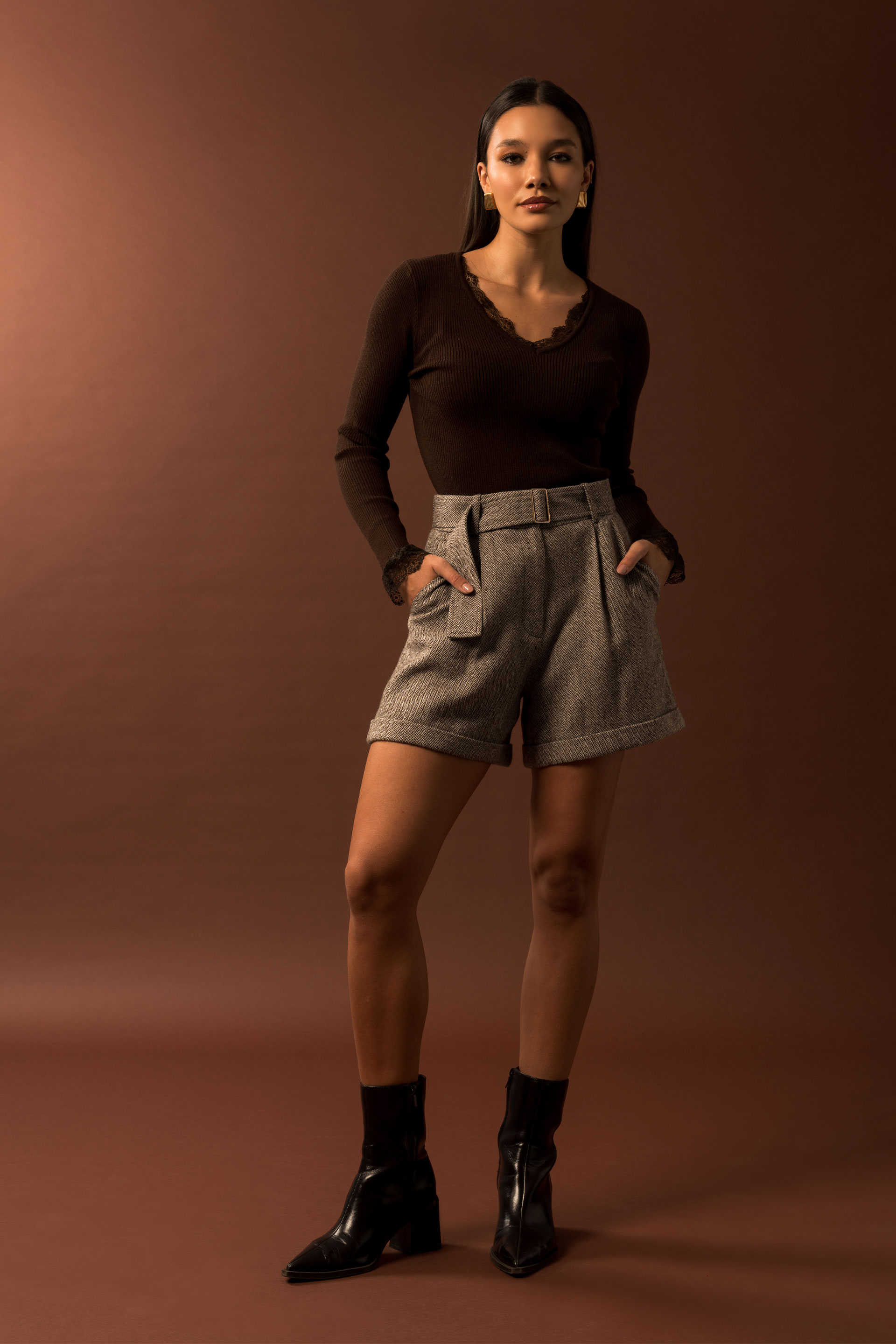 Calção curto em padrão espiga com lã