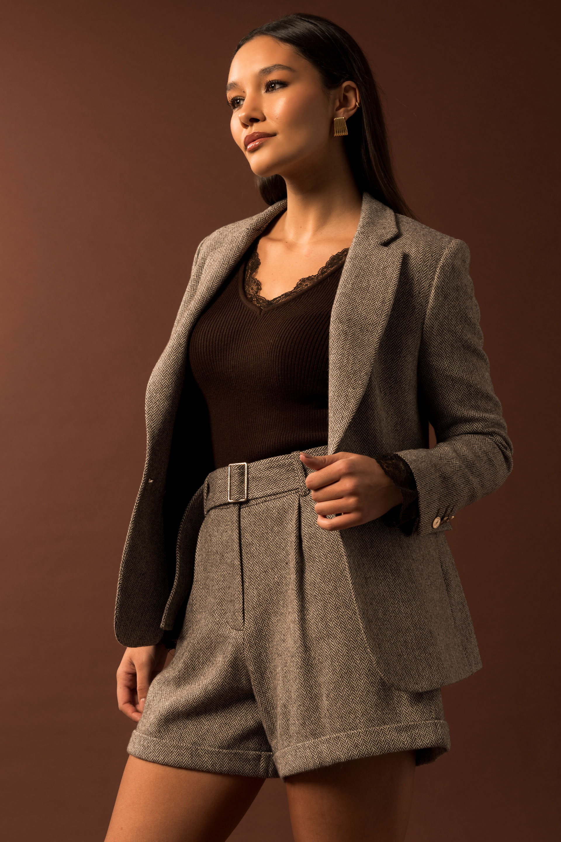 Calção curto em padrão espiga com lã