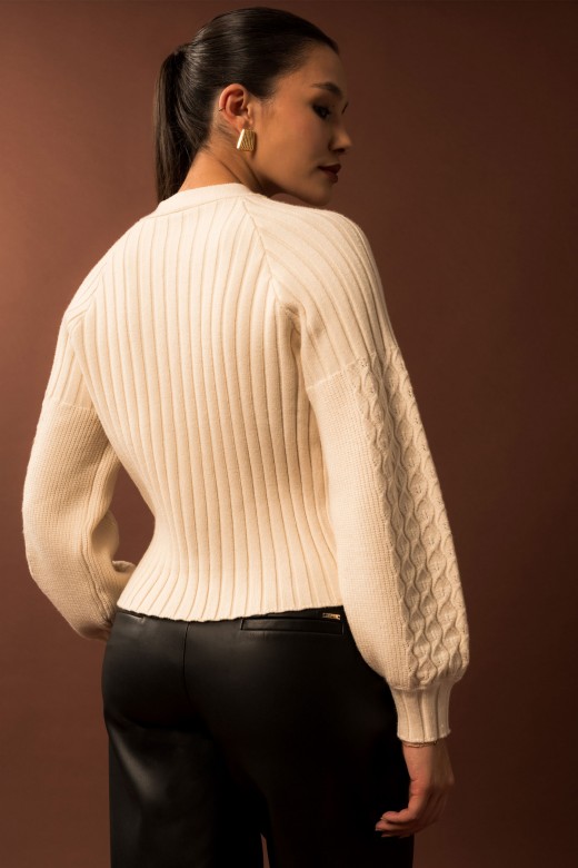 Knit cardigan with textured sleeves
