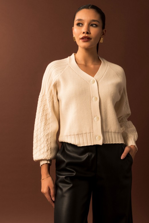 Knit cardigan with textured sleeves