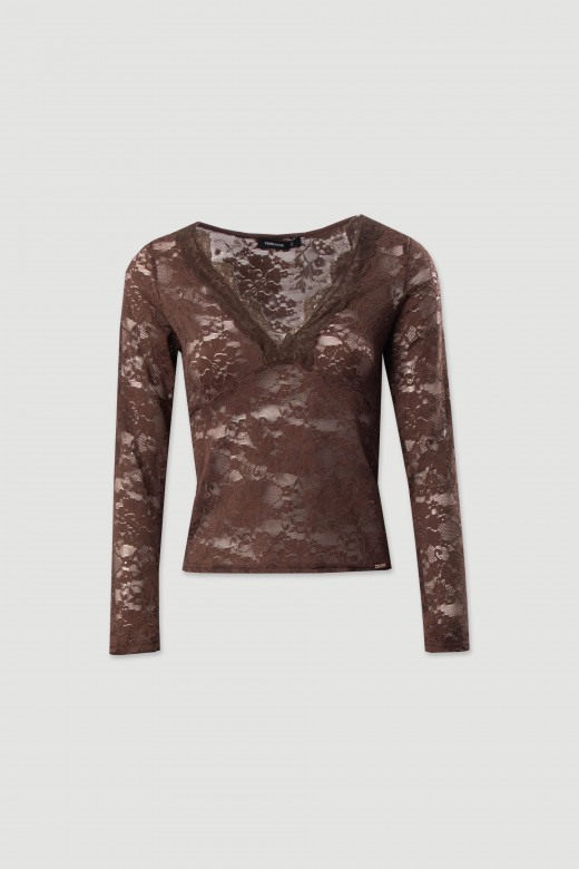 Camiseta de encaje con escote en v Camiseta de encaje con escote en v