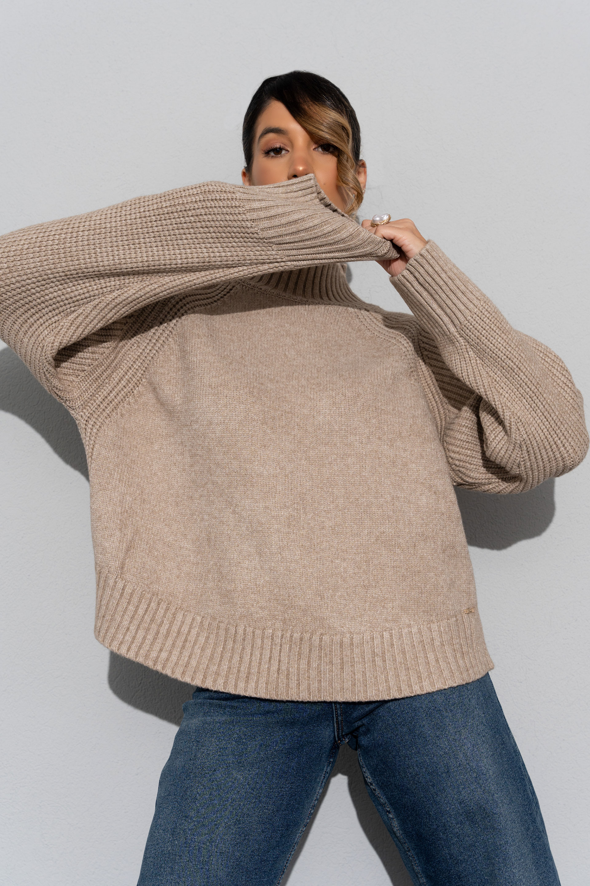 Ribbed knit sweater with high collar