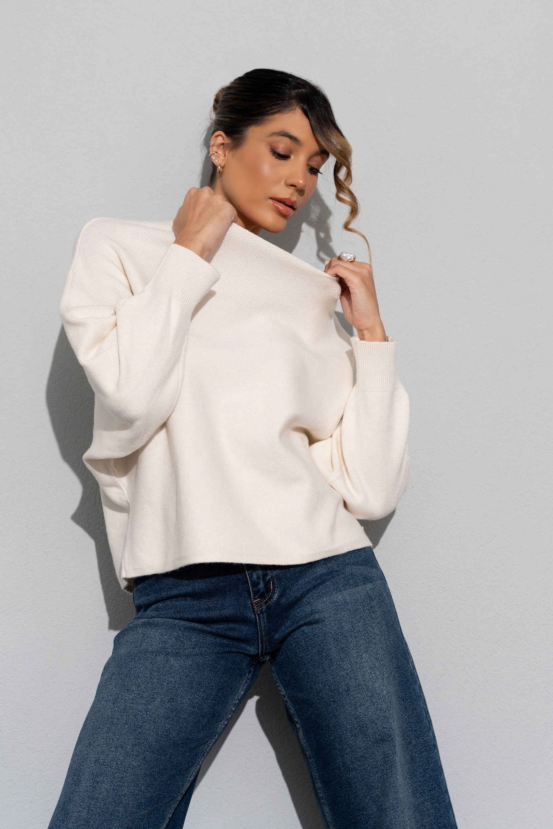 Wide-sleeve knit sweater