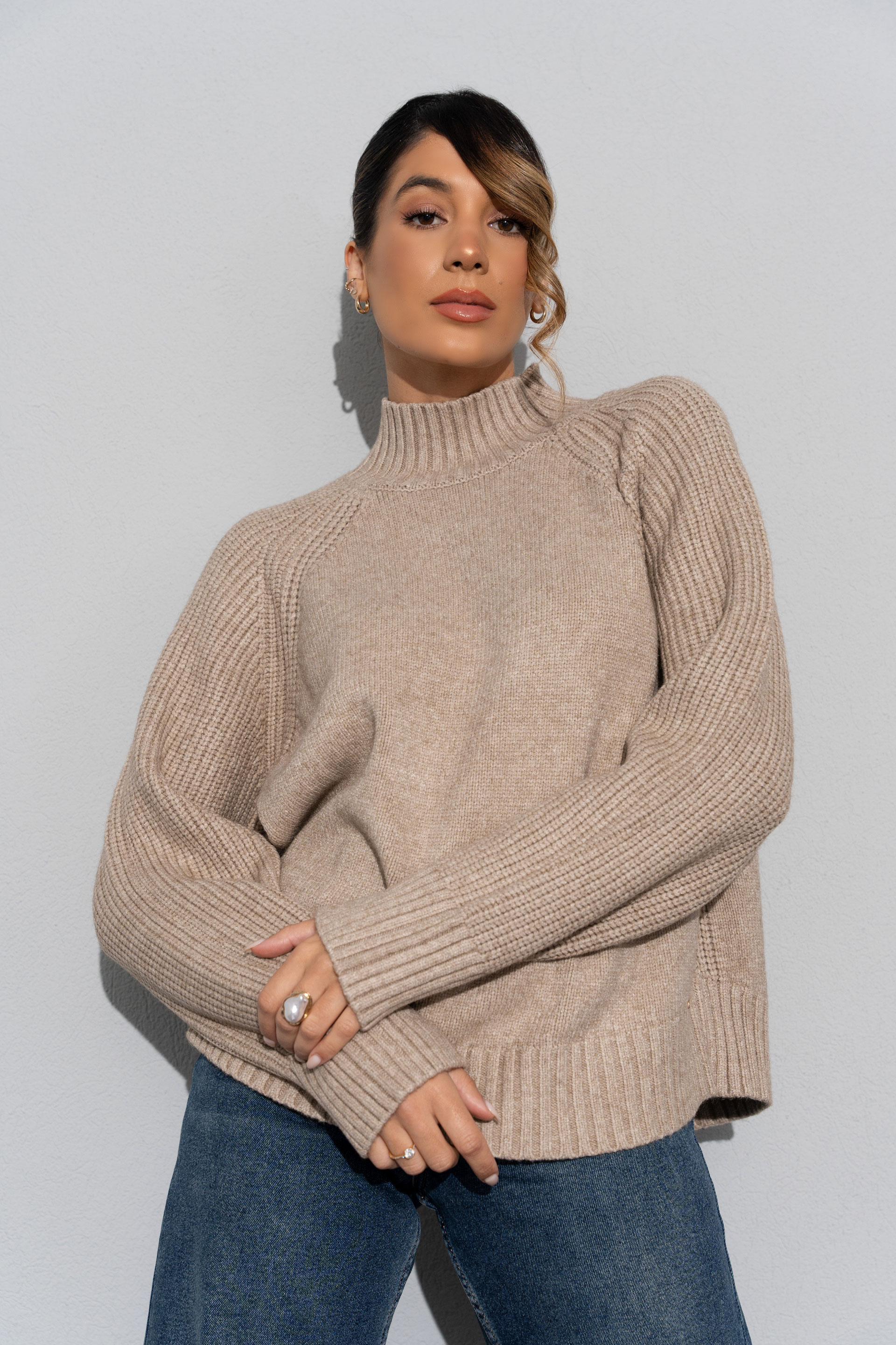Ribbed knit sweater with high collar
