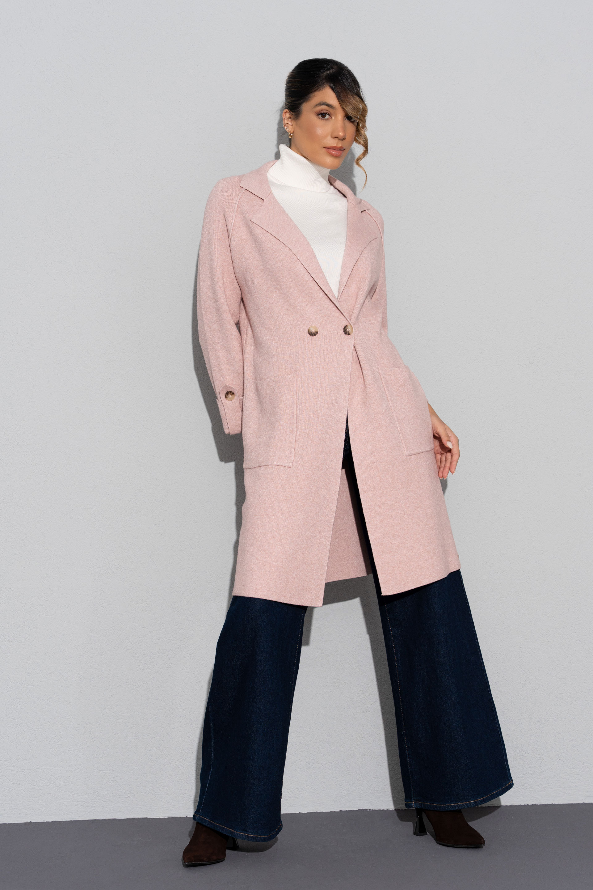 Long knit coat with front pockets
