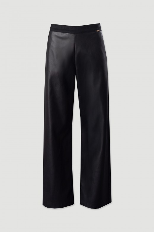 Wide-leg faux leather trousers with elastic waistband Wide-leg faux leather trousers with elastic waistband