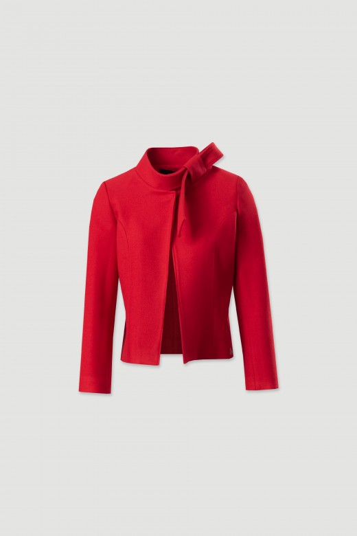 Short coat with bow collar and faux fur cuffs