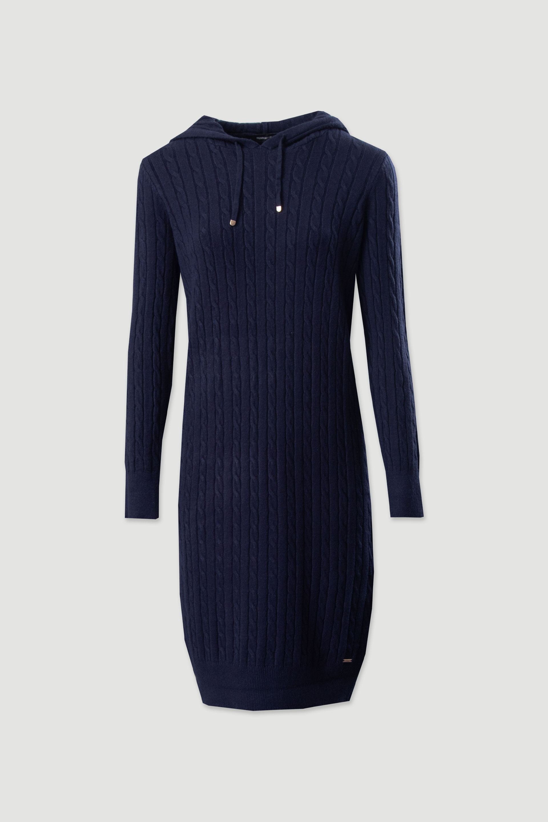 Vestido de malha com capuz e padrão entrançado