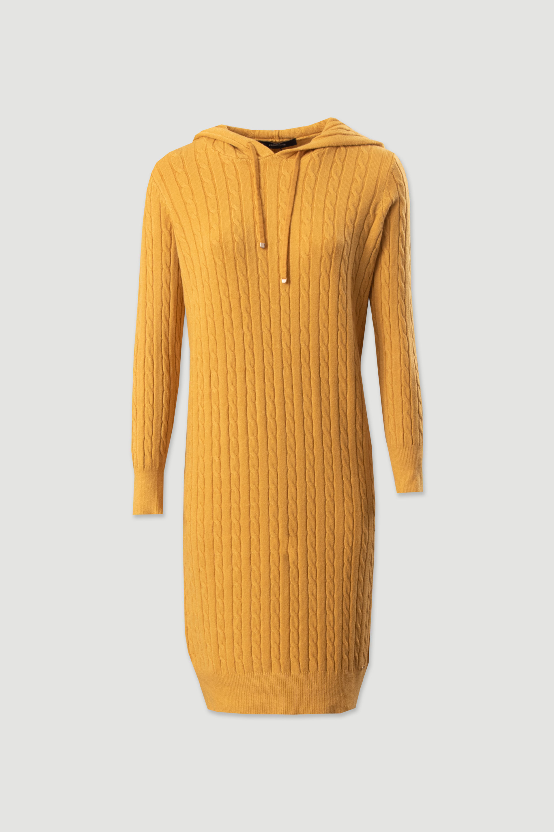 Vestido de malha com capuz e padrão entrançado