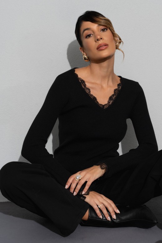 Camisola canelada com detalhe em renda Camisola canelada com detalhe em renda