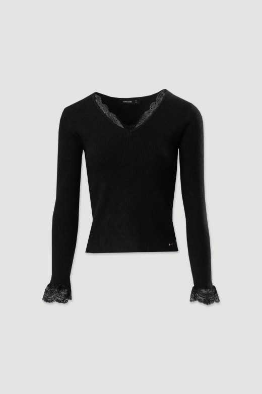Camisola canelada com detalhe em renda Camisola canelada com detalhe em renda