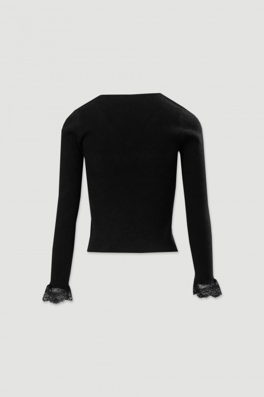 Camisola canelada com detalhe em renda Camisola canelada com detalhe em renda