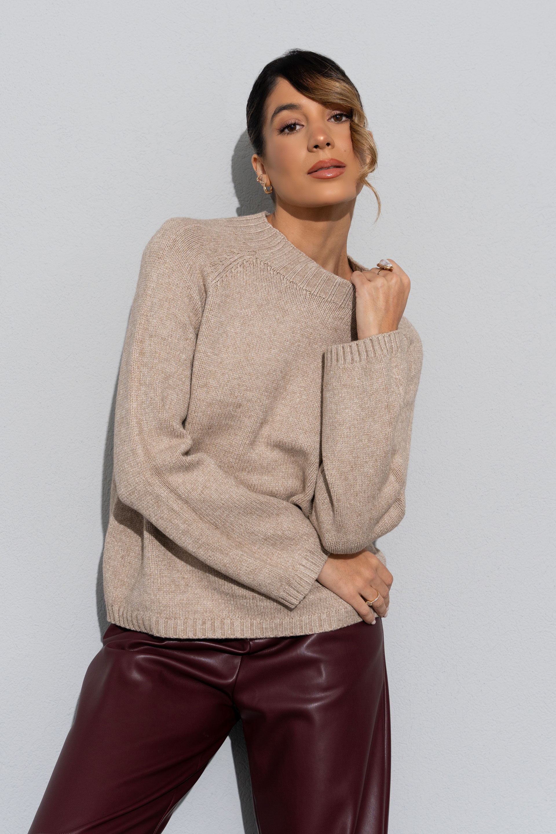 Fluid knit sweater with mock neck