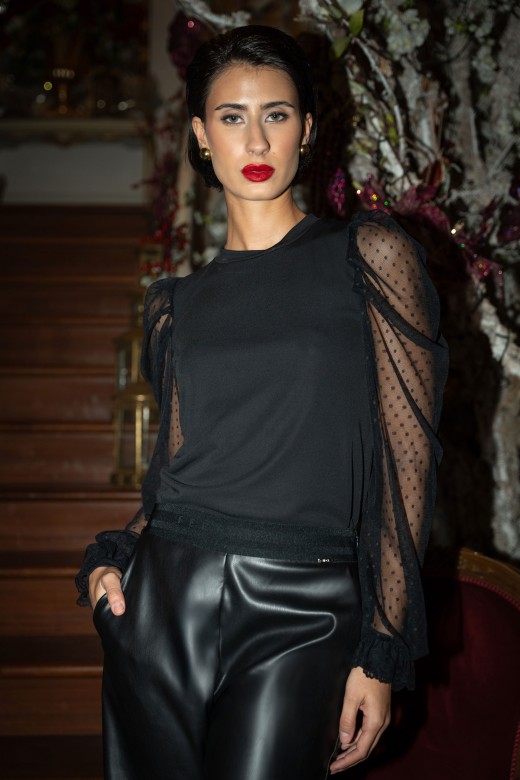 Blouse with plumetis tulle sleeves Blouse with plumetis tulle sleeves