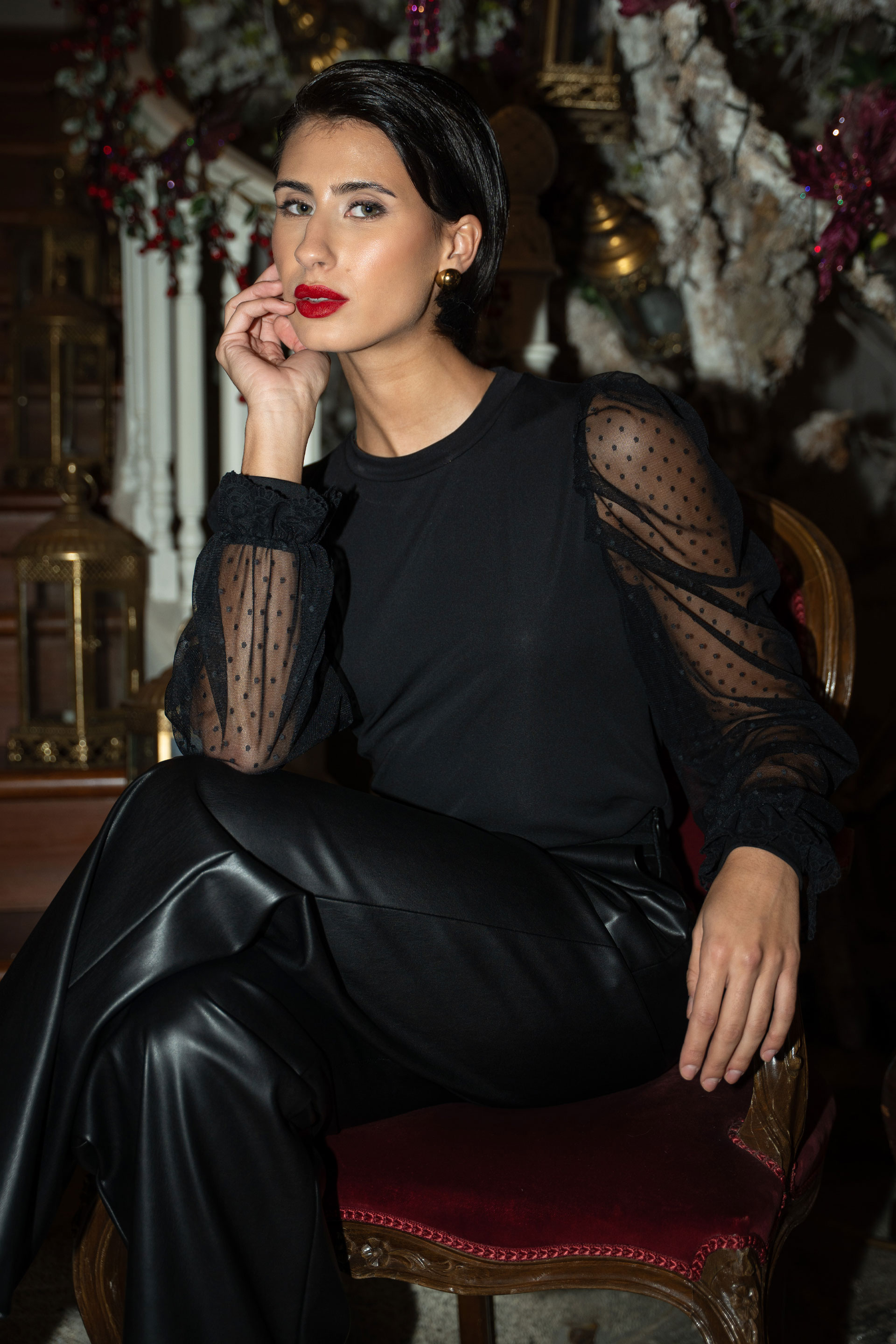 Blouse with plumetis tulle sleeves