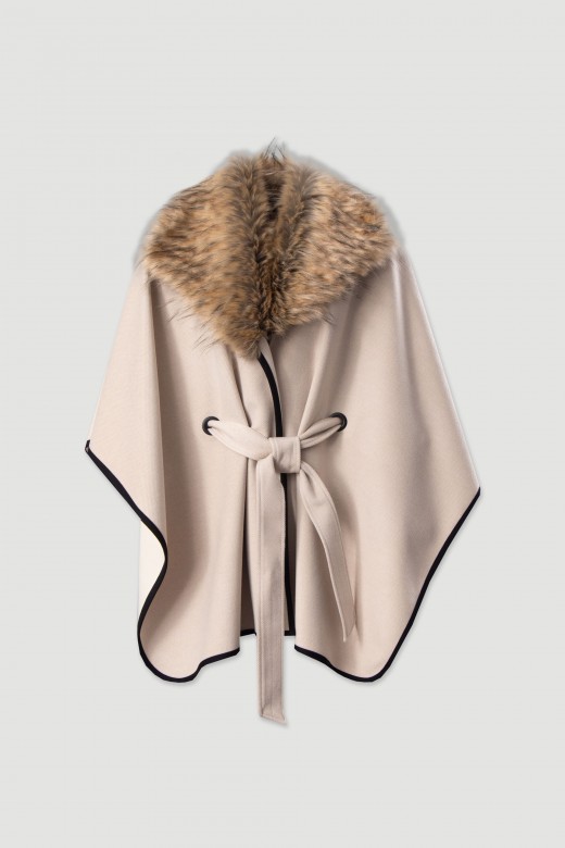 Cape with faux fur collar and belt