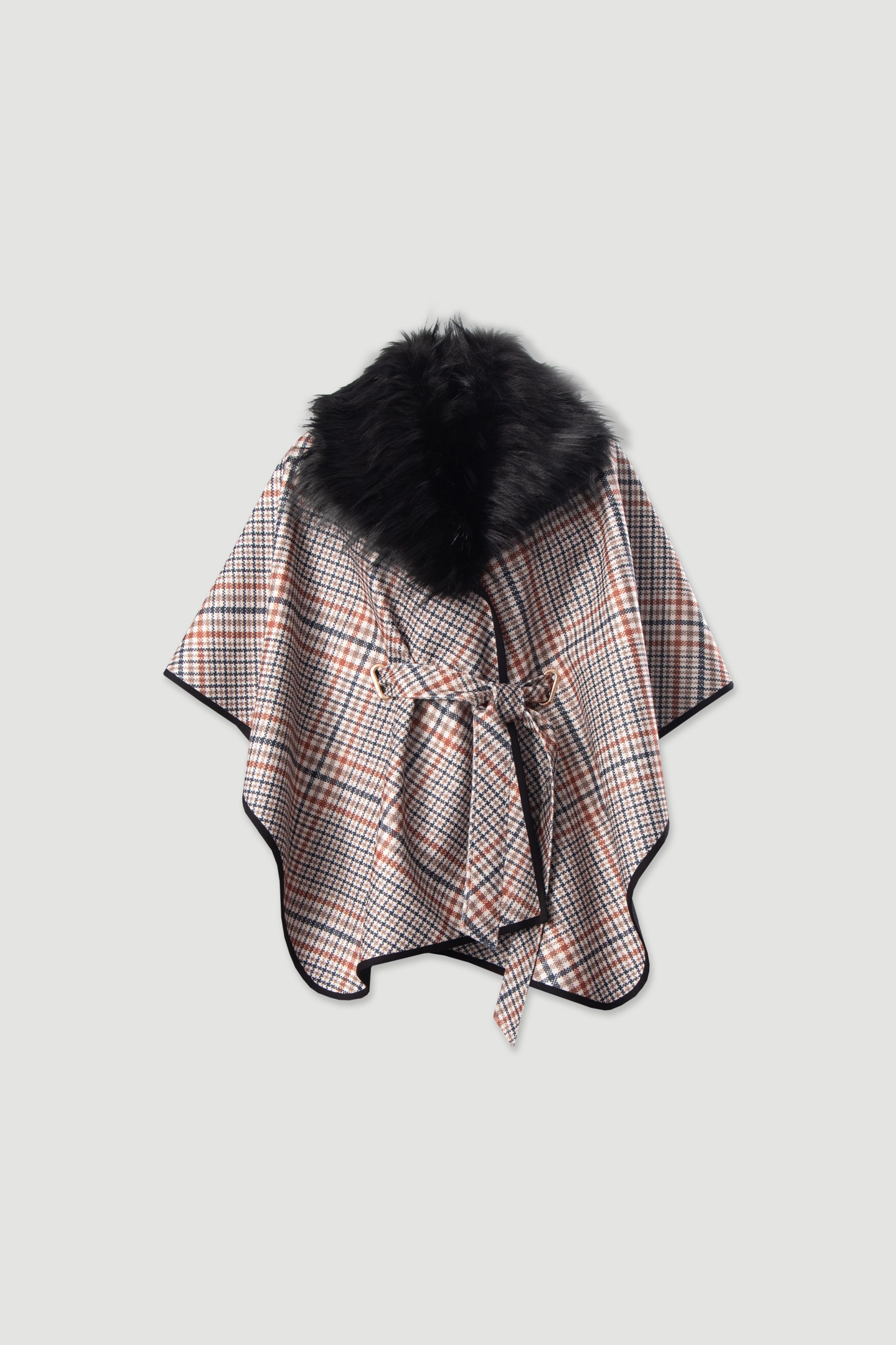 Capa con estampado de cuadros y cuello de pelo sintético