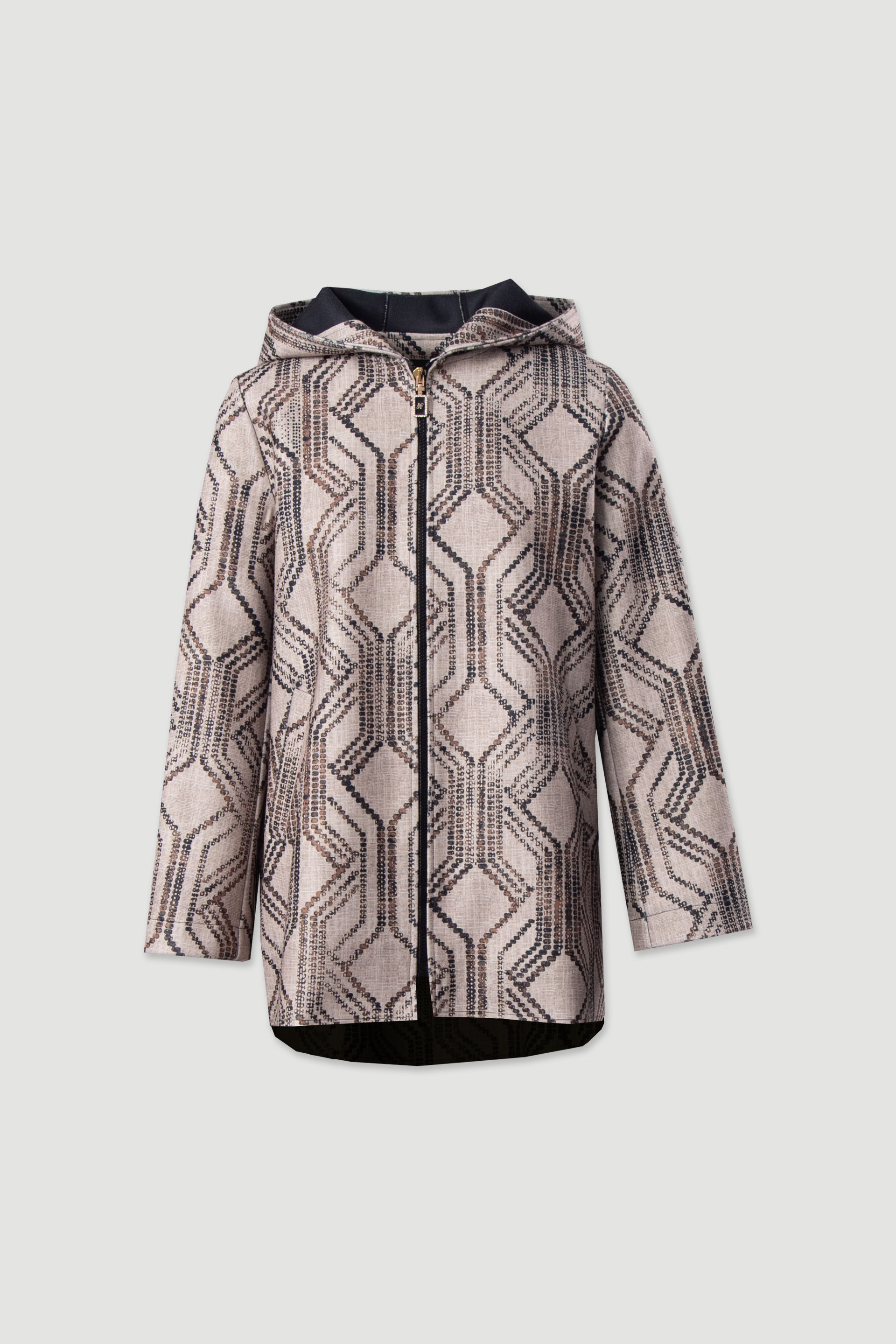 Hooded coat with geometric pattern