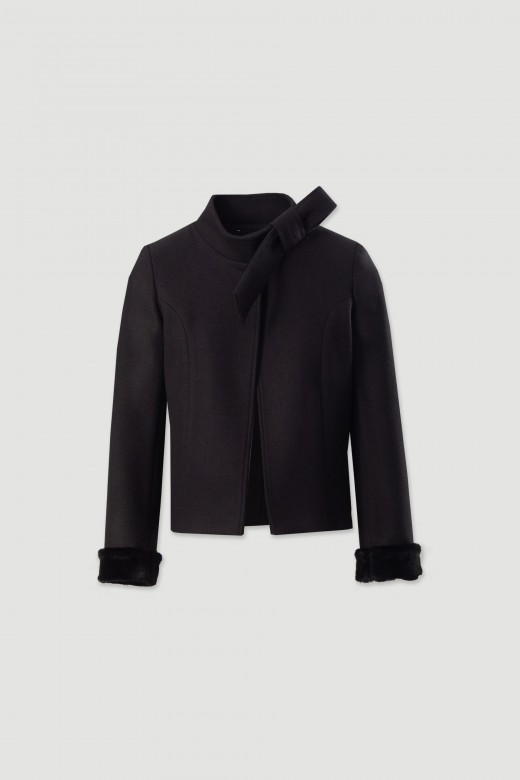 Short coat with bow collar and faux fur cuffs Short coat with bow collar and faux fur cuffs