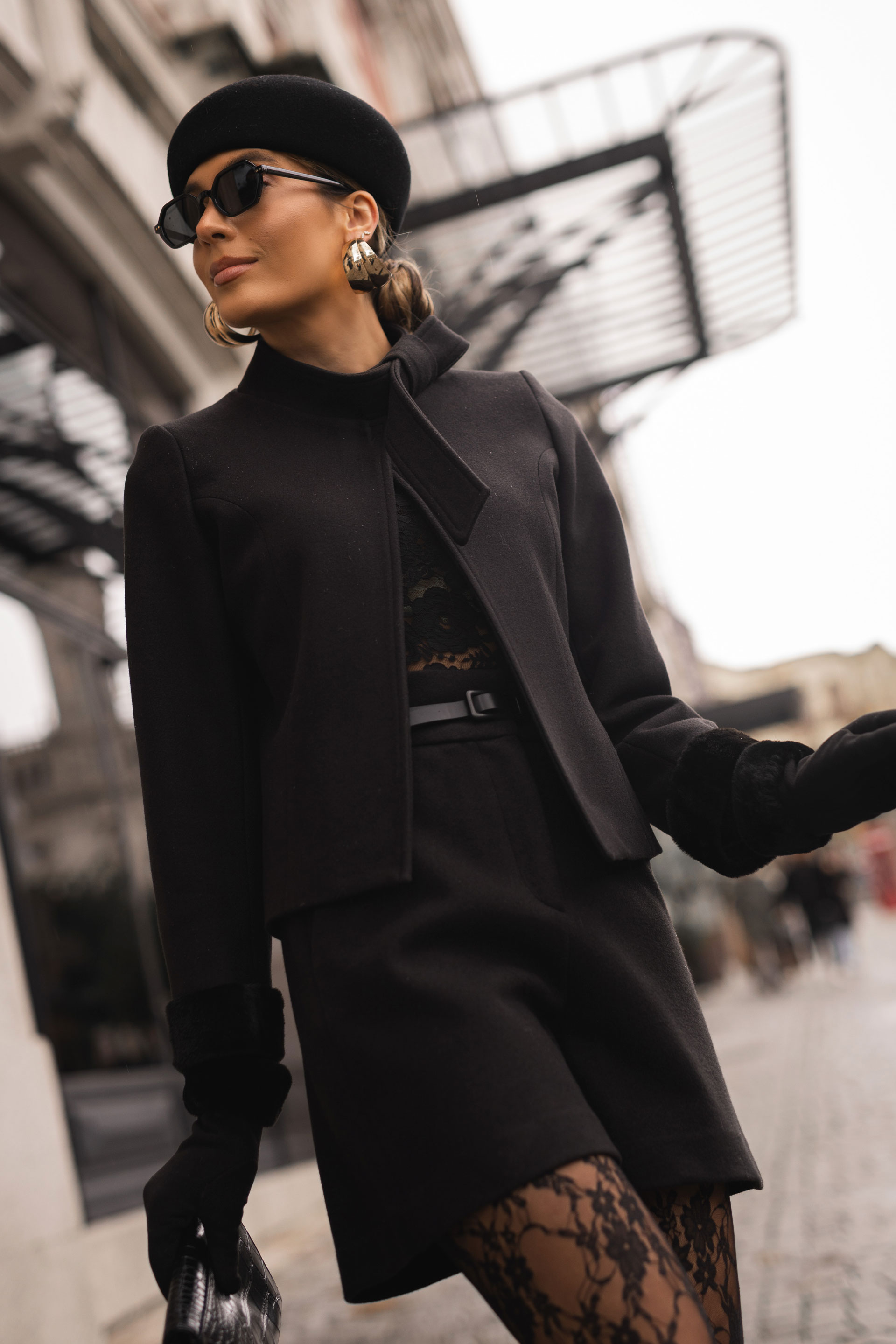 Short coat with bow collar and faux fur cuffs
