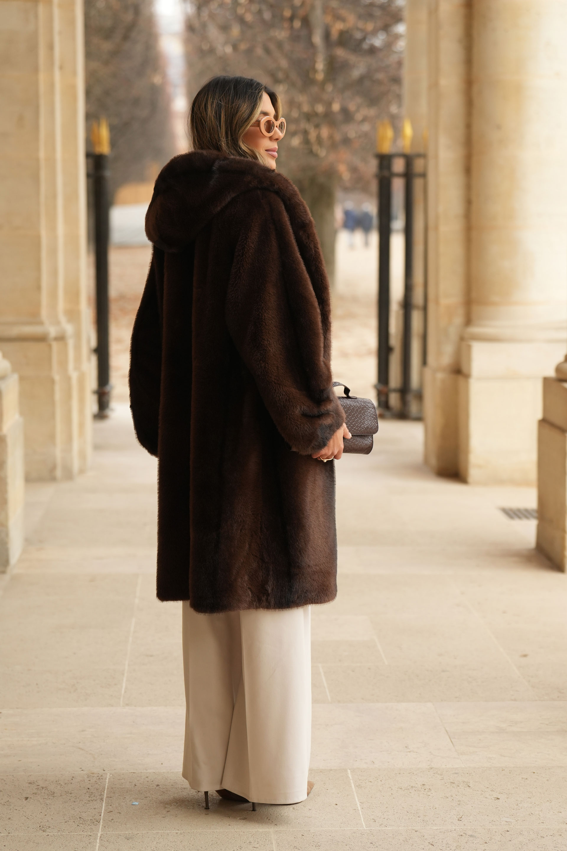 Long faux-fur coat with hood