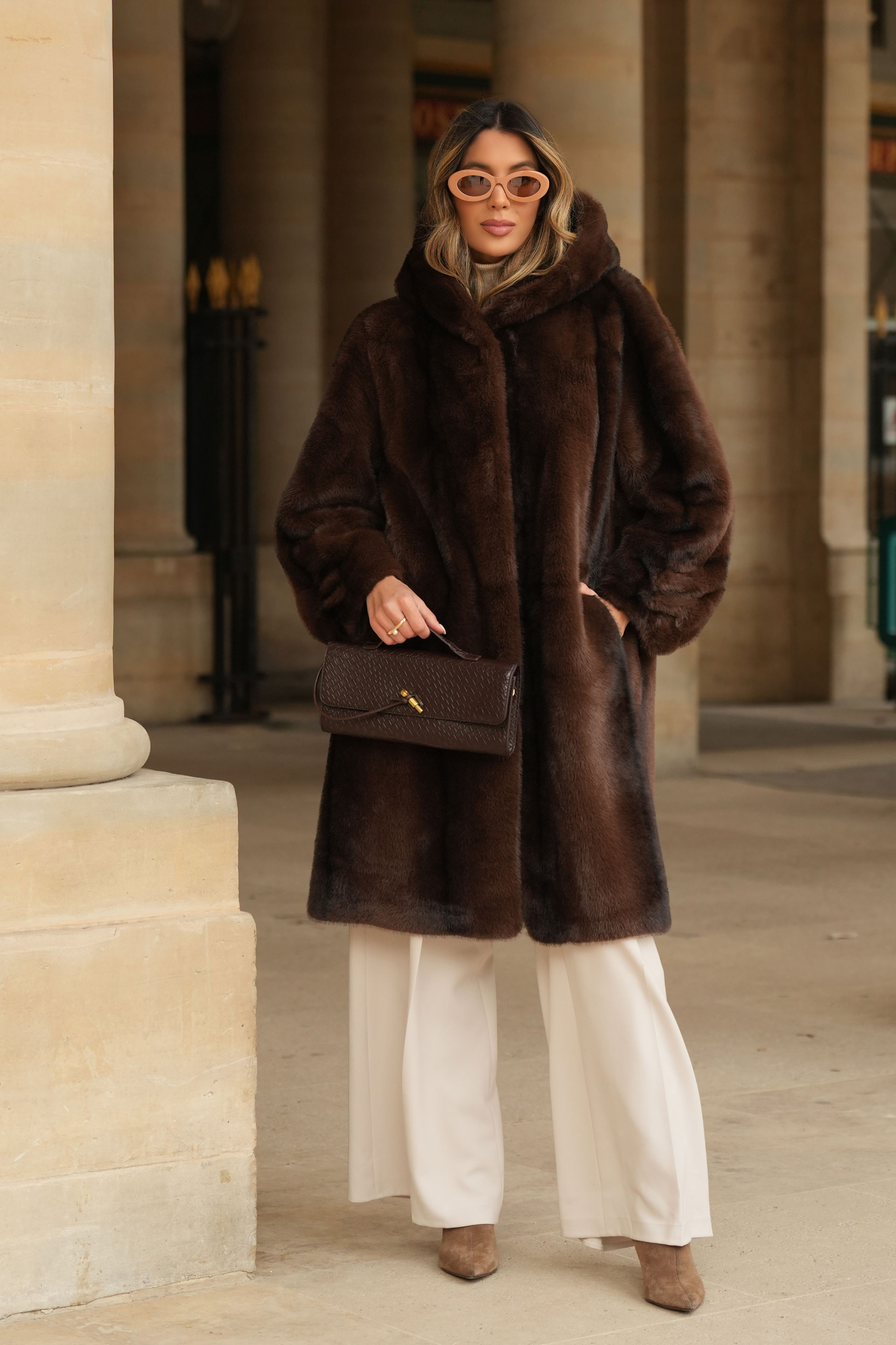 Long faux-fur coat with hood