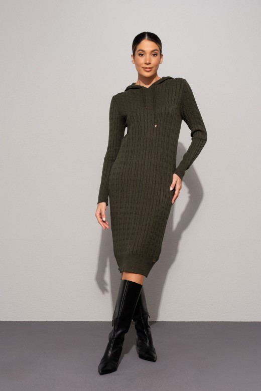 Knitted hoodie dress with cable pattern Knitted hoodie dress with cable pattern