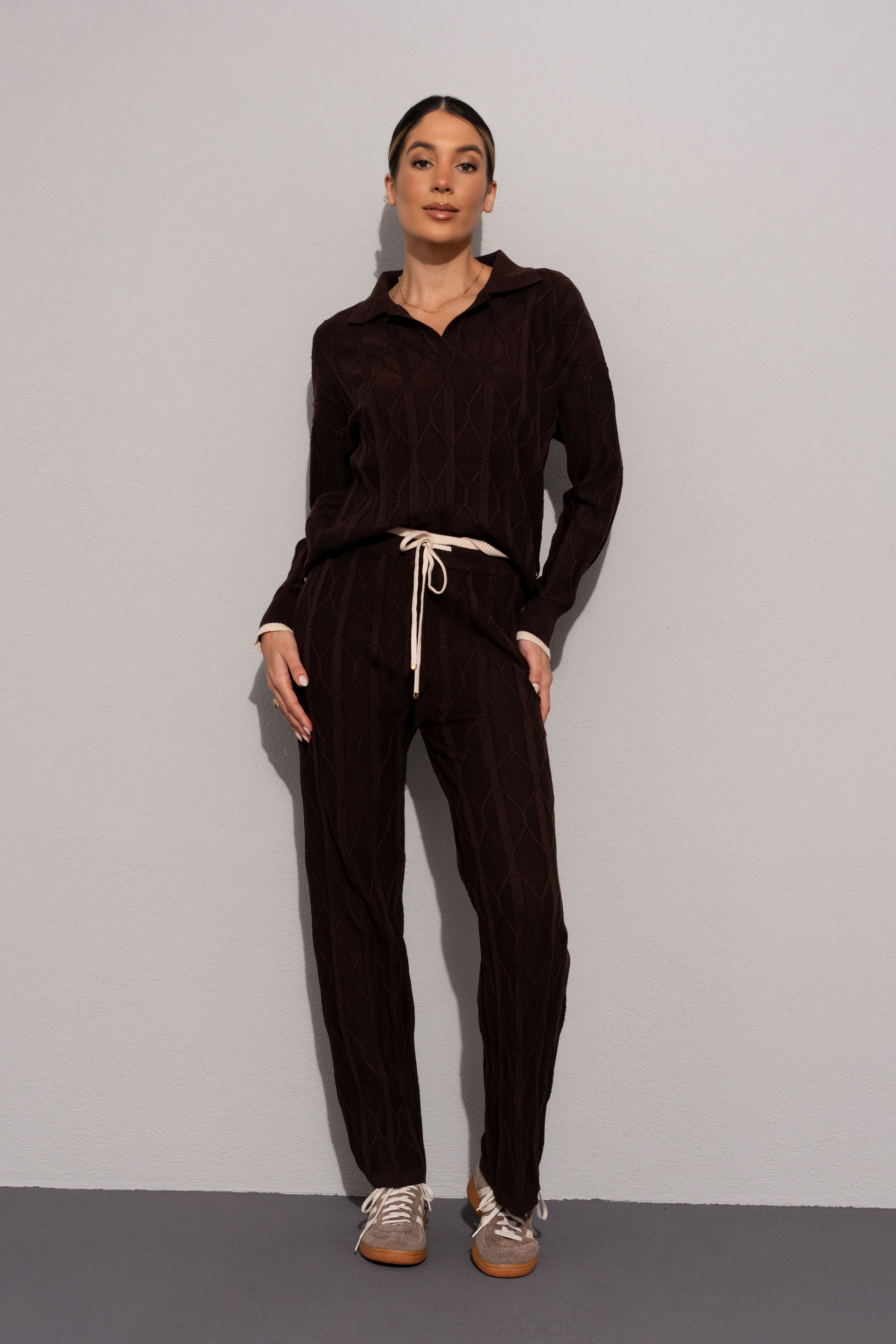 Textured knit polo and trousers set
