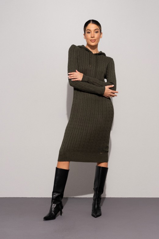 Knitted hoodie dress with cable pattern Knitted hoodie dress with cable pattern