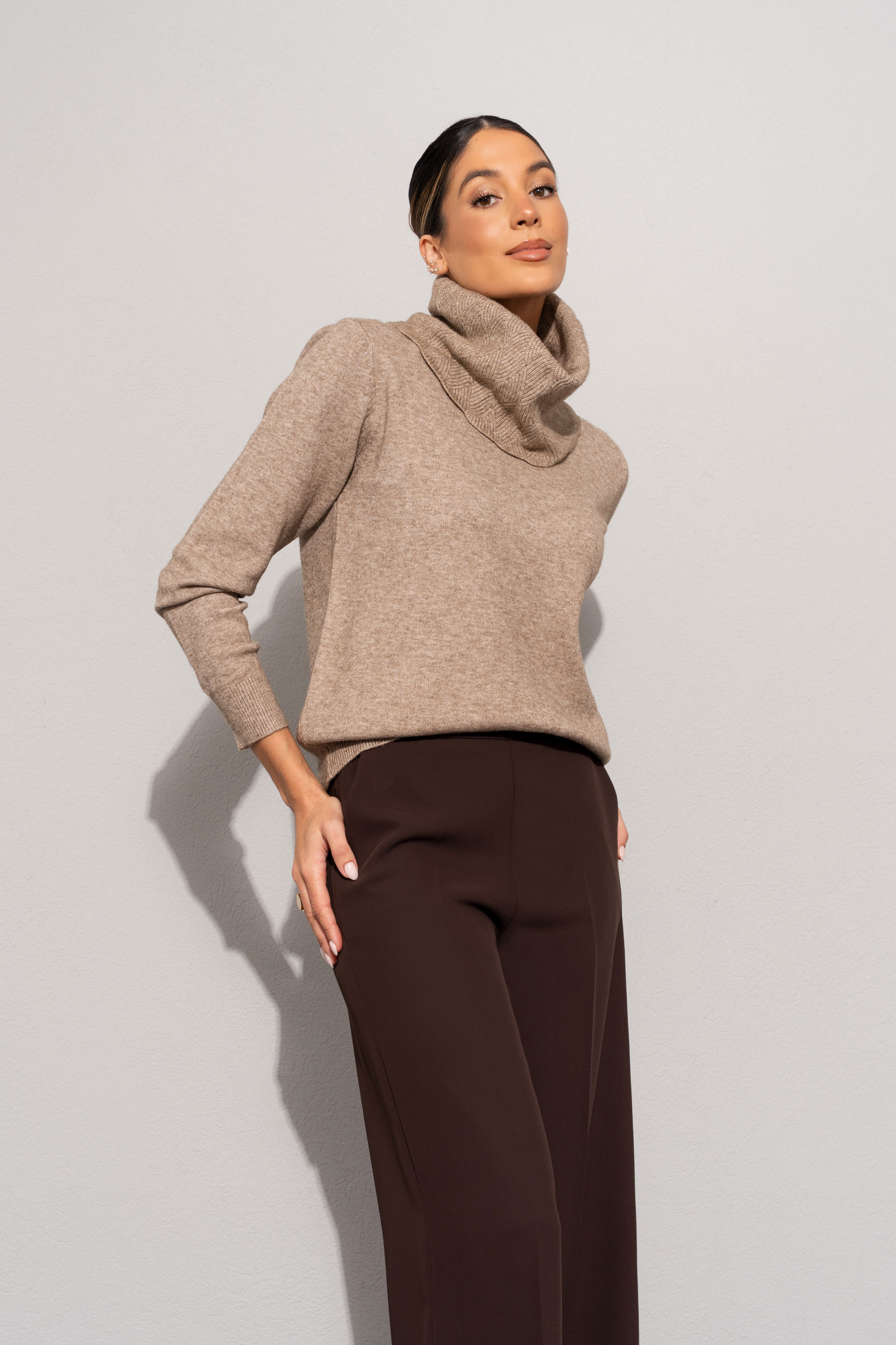 Knit sweater with structured turtleneck