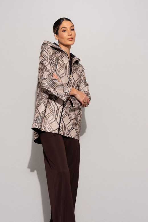 Hooded coat with geometric pattern
