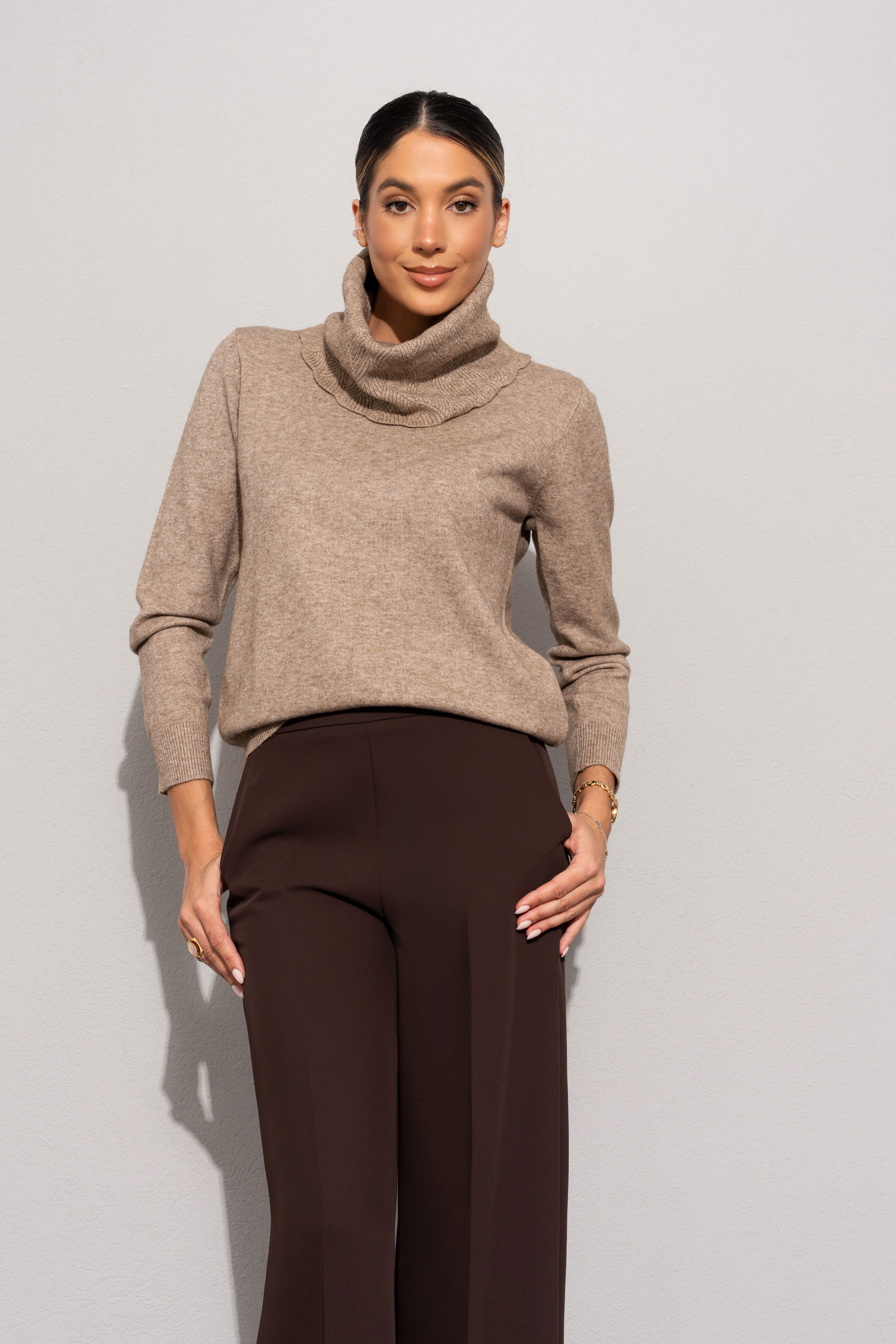 Knit sweater with structured turtleneck
