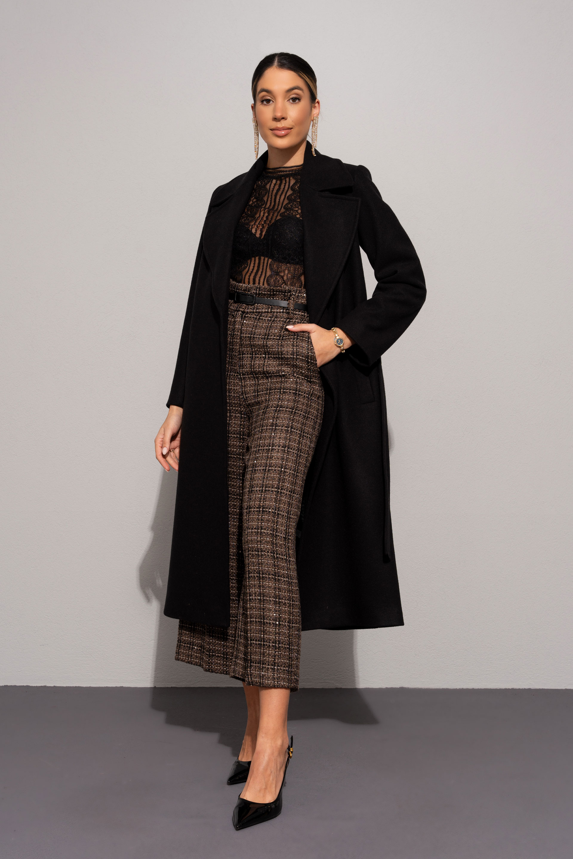 Checked tweed culotte with belt
