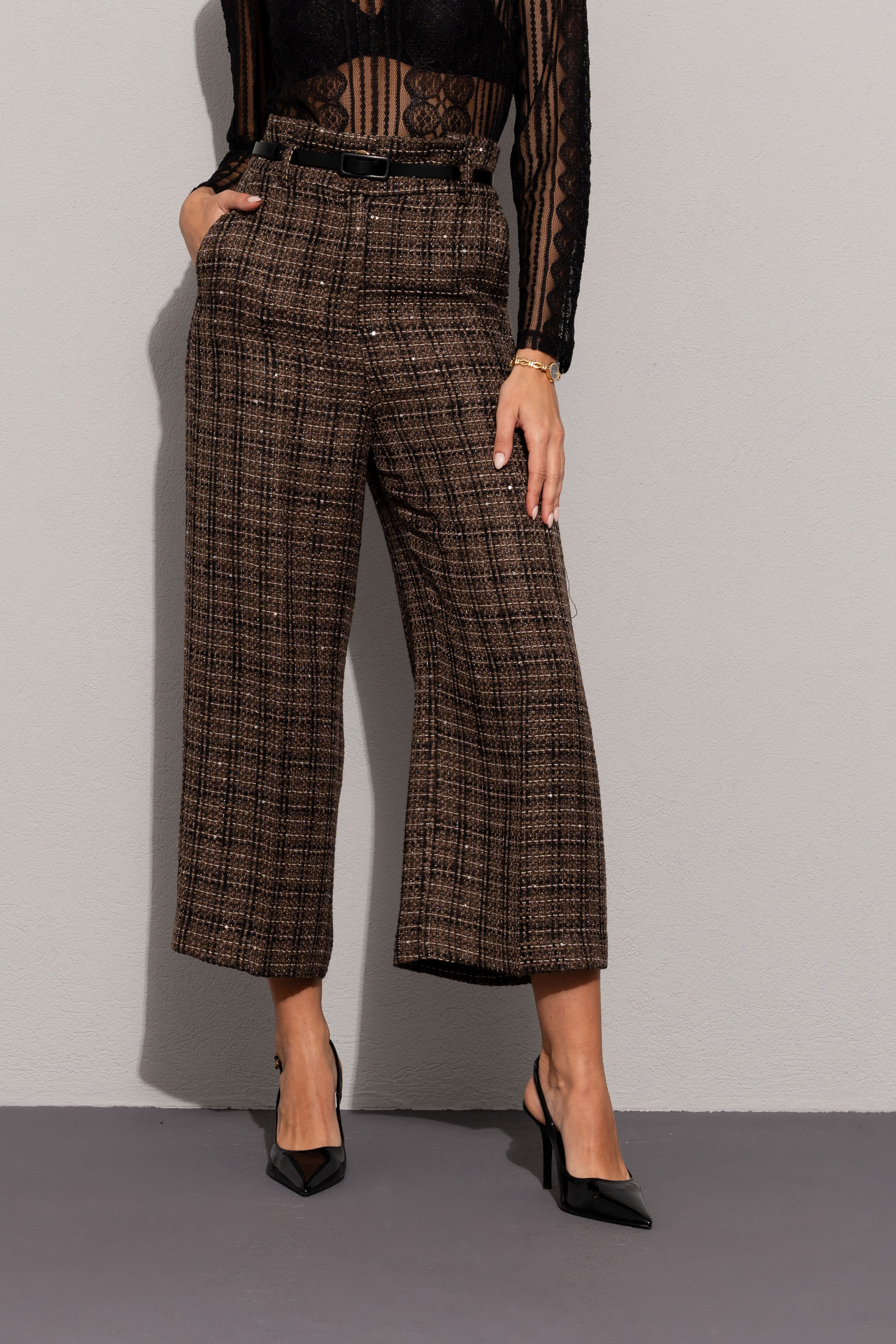 Checked tweed culotte with belt