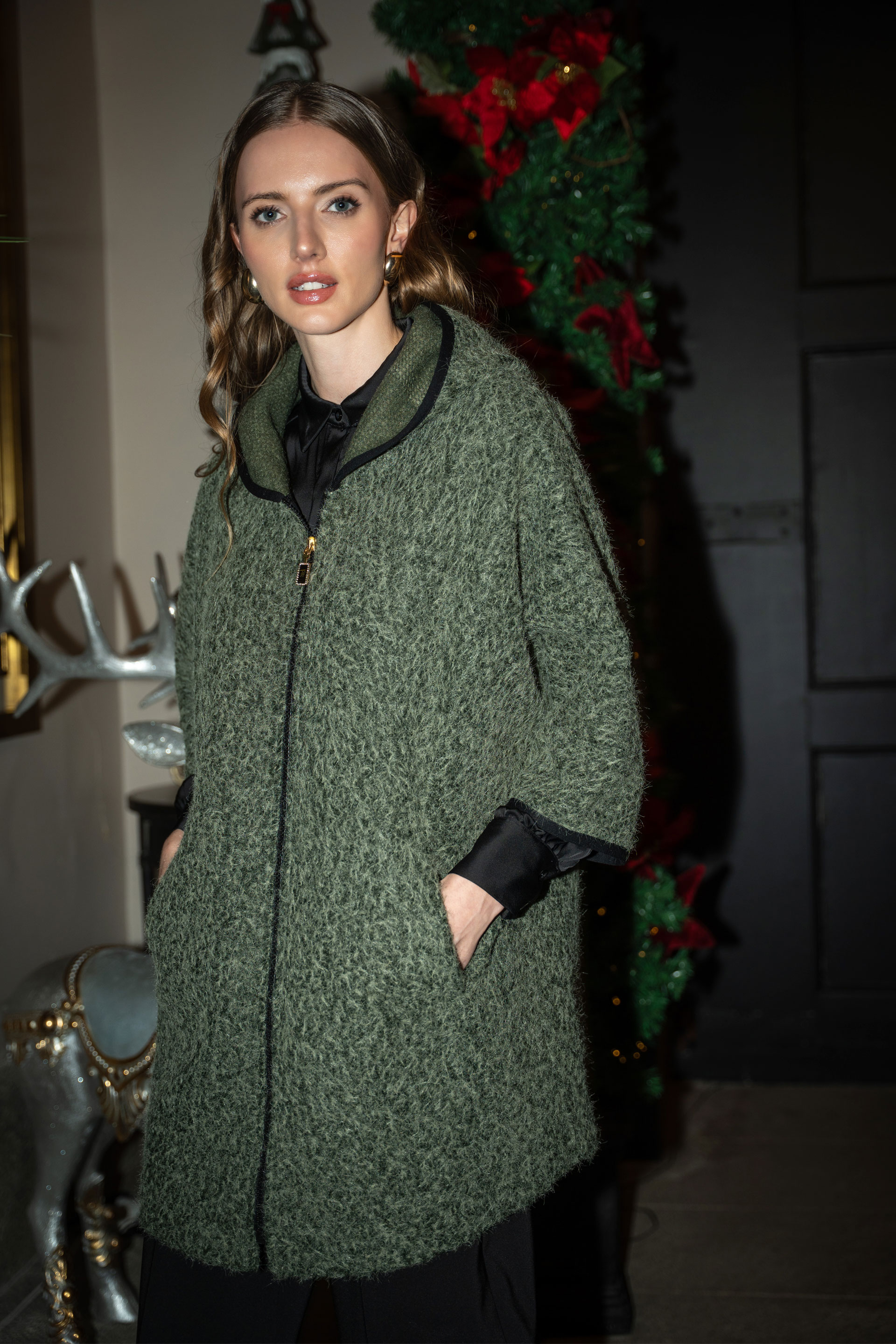 Bouclé knit coat with hood