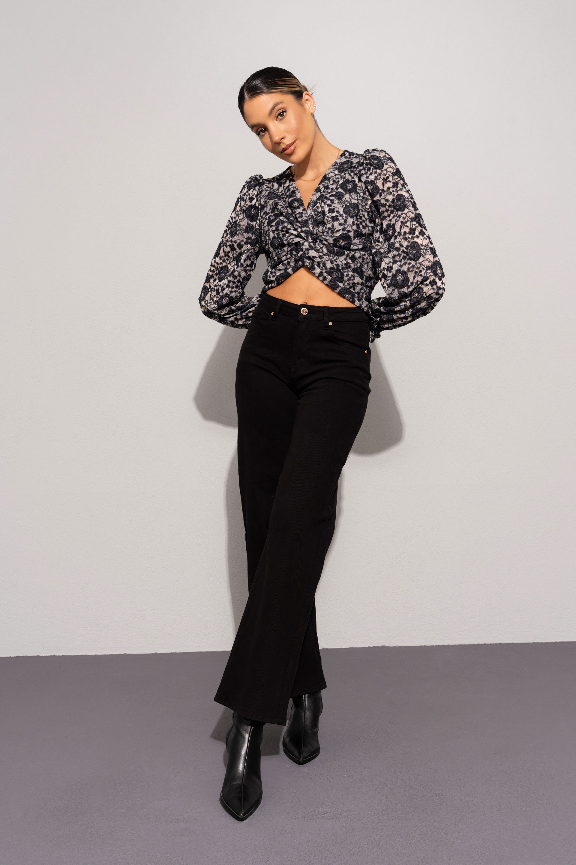 Top with floral detail and front knot