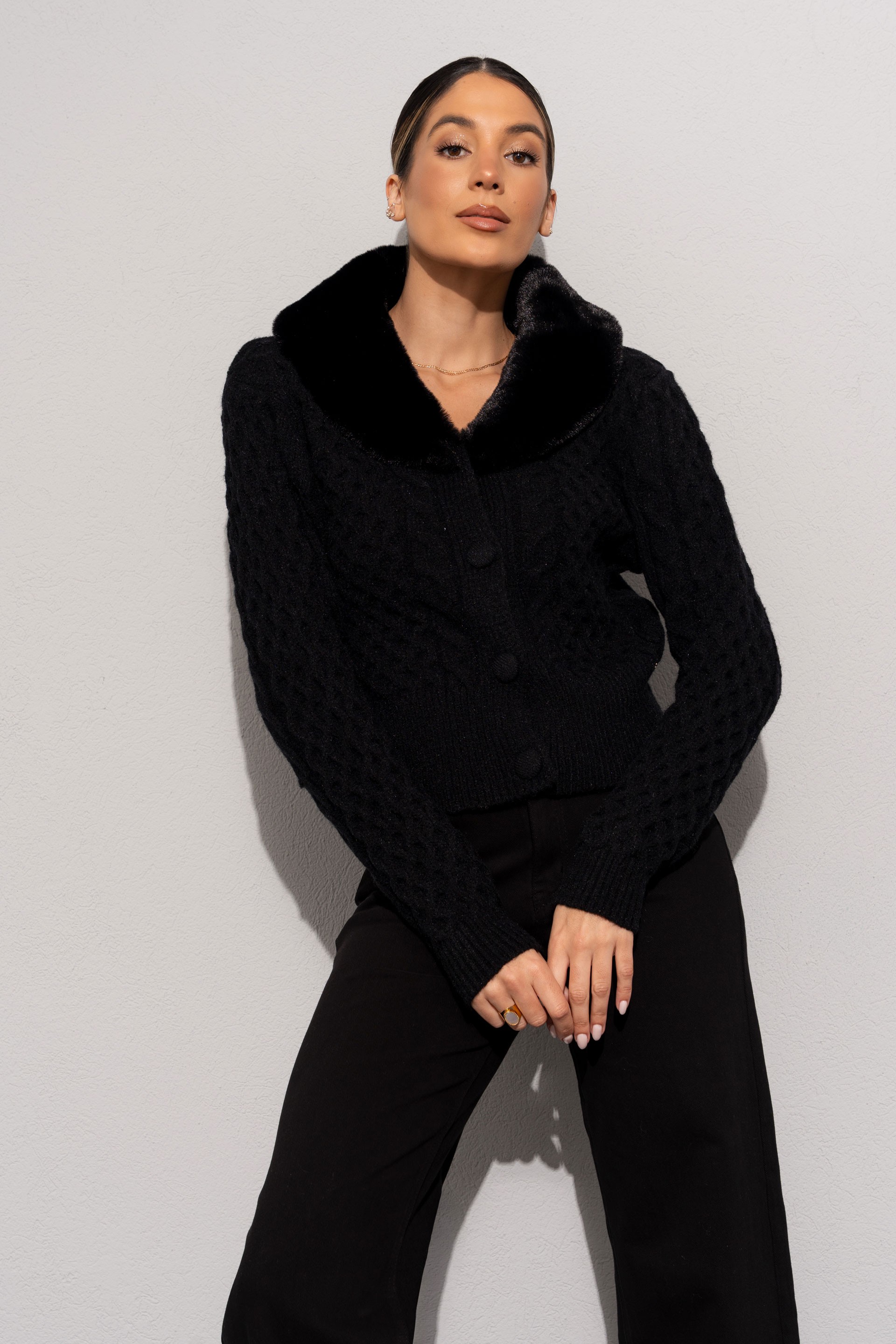 Knit jacket with faux fur collarknit jacket with faux fur collar