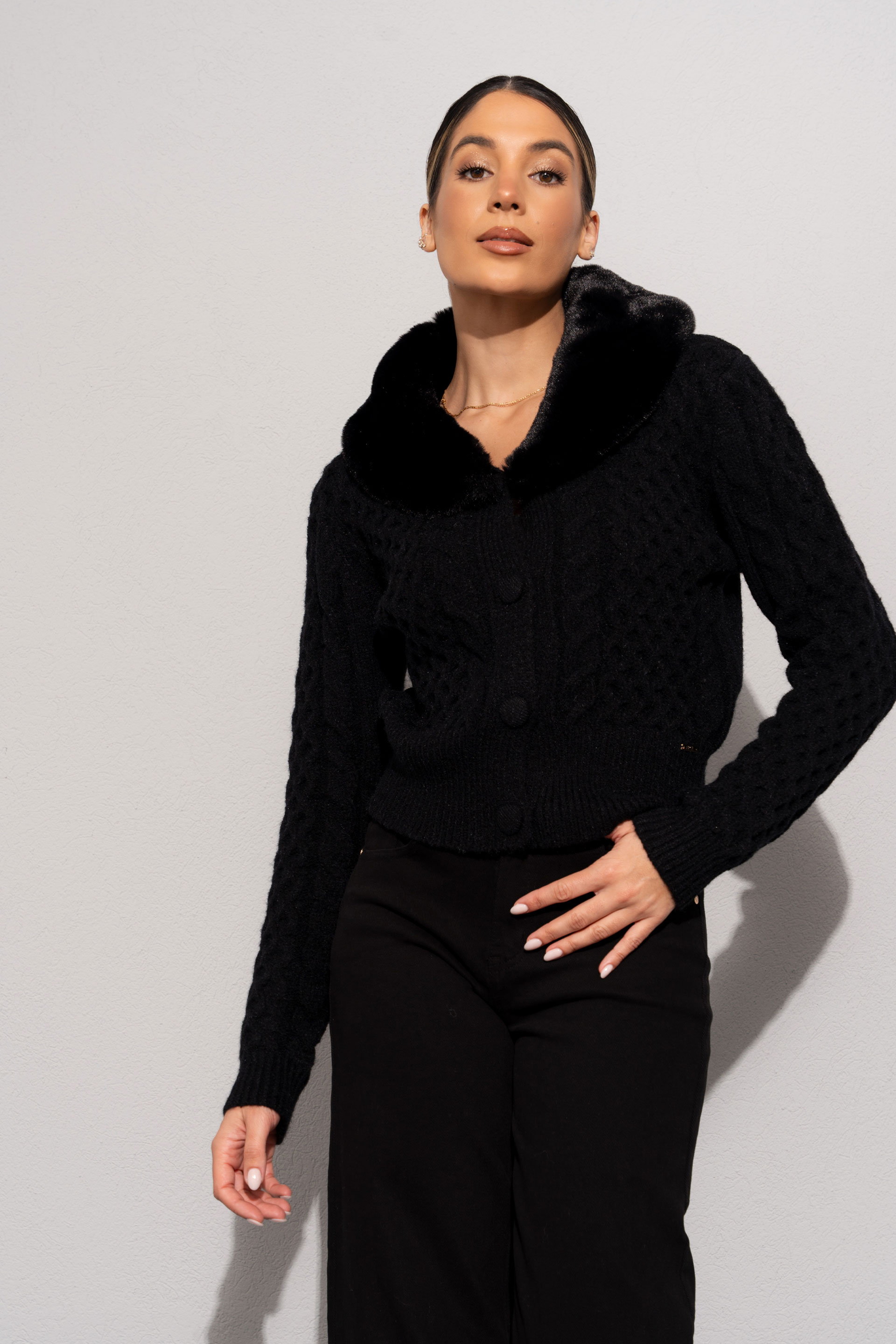 Knit jacket with faux fur collarknit jacket with faux fur collar