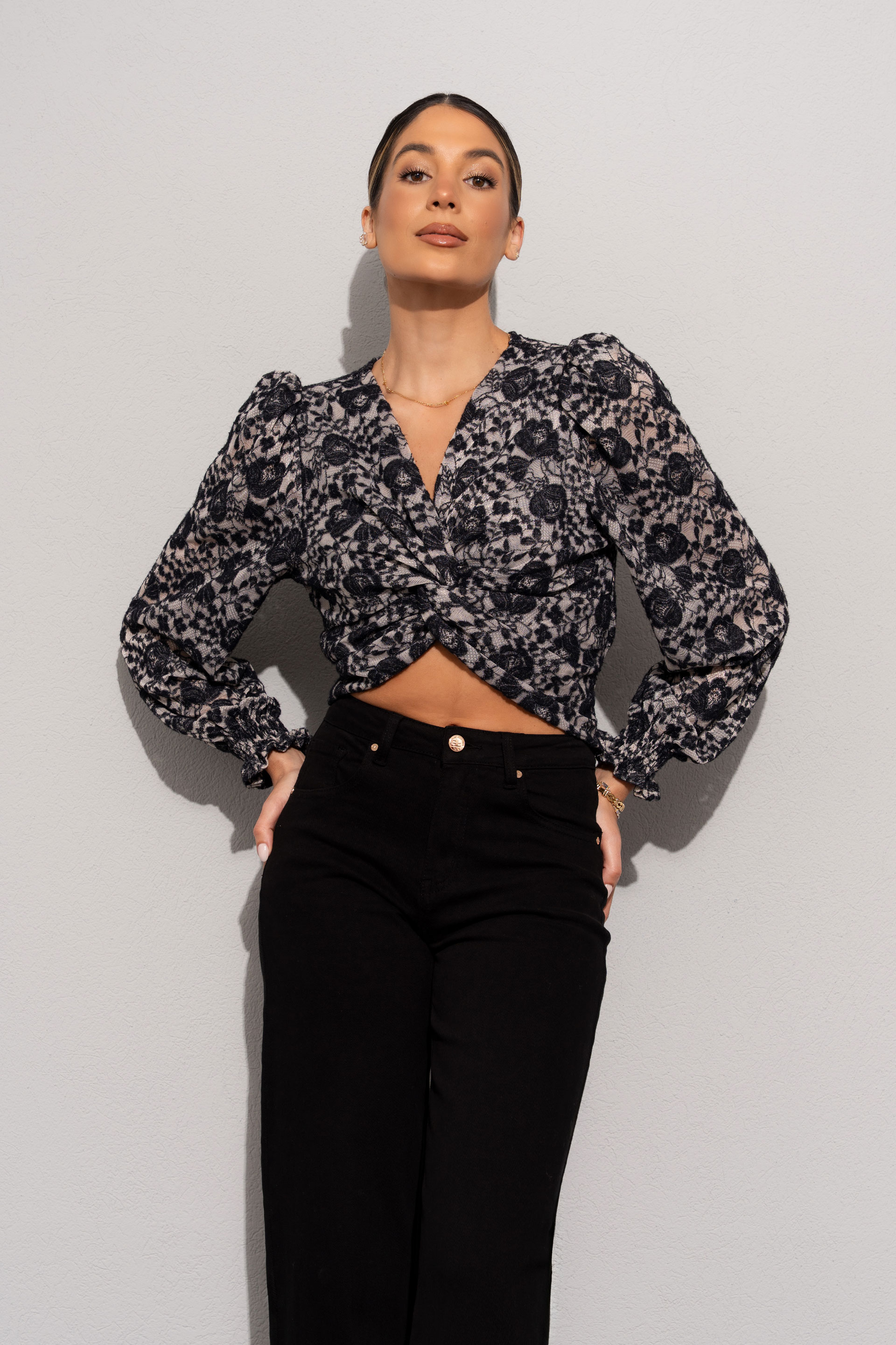 Top with floral detail and front knot