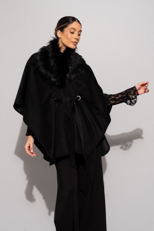 Cape with faux fur collar and belt