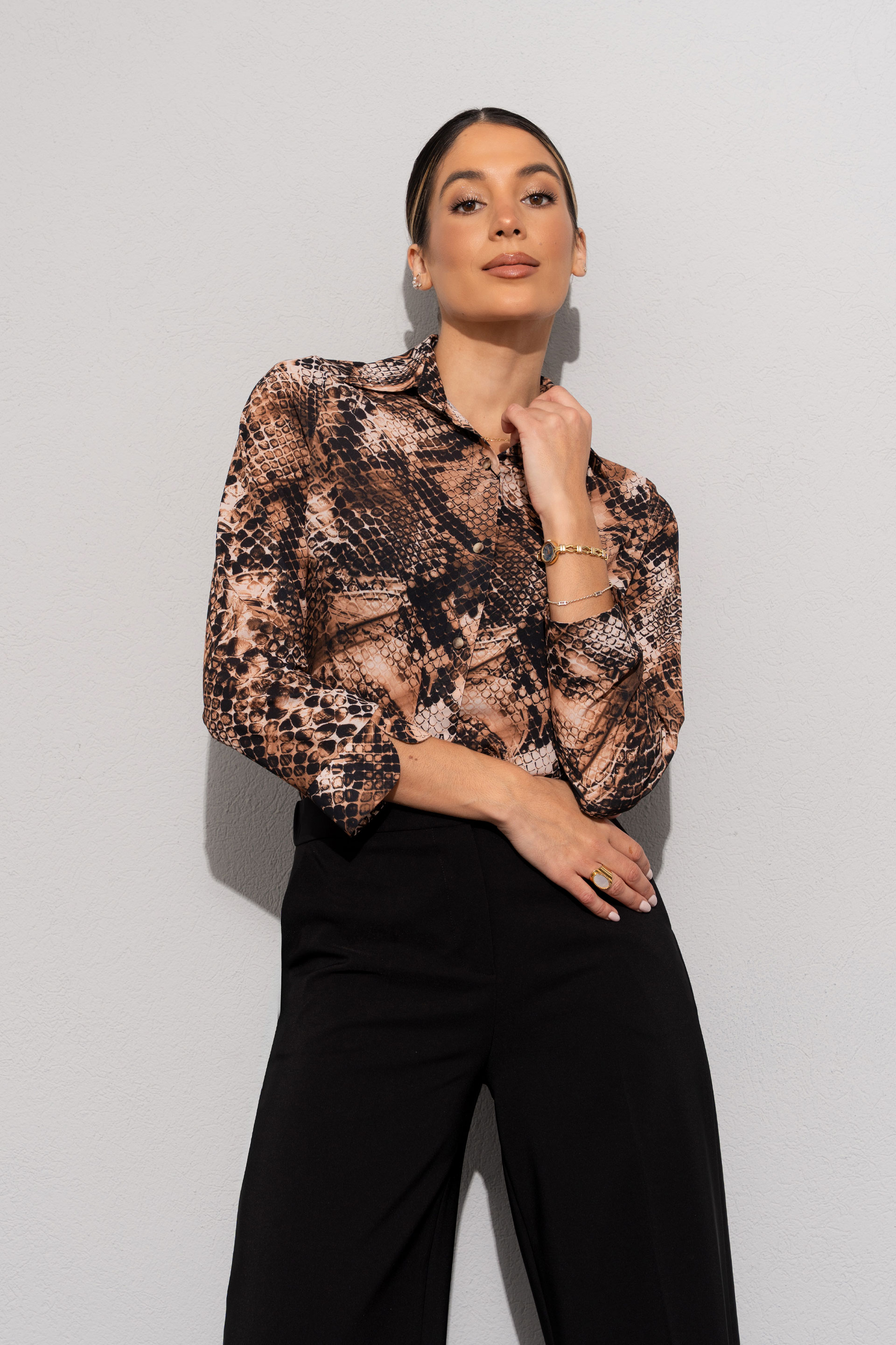 Animal print blouse with classic collar