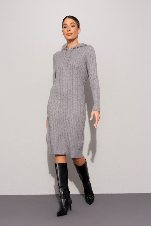 Vestido de malha com capuz e padrão entrançado Vestido de malha com capuz e padrão entrançado
